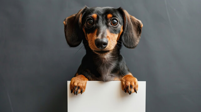 a dog holding blank card or poster , closeup view of animal pet face portrait and empty blank card or paper design template mockup photo