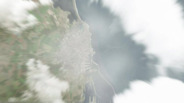 Earth zoom in from space to Constanta, Romania. Followed by zoom out through clouds and atmosphere into space. Satellite view. Travel intro. Images from NASA