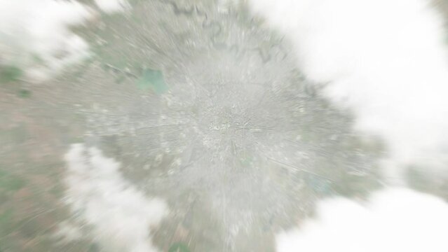 Earth zoom in from space to Bucharest, Romania. Followed by zoom out through clouds and atmosphere into space. Satellite view. Travel intro. Images from NASA