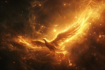 A surreal cosmic fire Phoenix in a backdrop of nebulae and galaxies. - obrazy, fototapety, plakaty