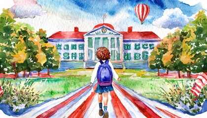 Child Walking Towards School on First Day with Hot Air Balloon in Sky