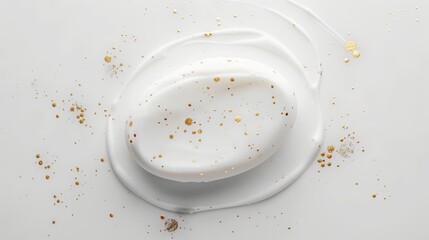 A picture of a white drop of skin care cream or oil paint texture with gold pieces on it, AI...