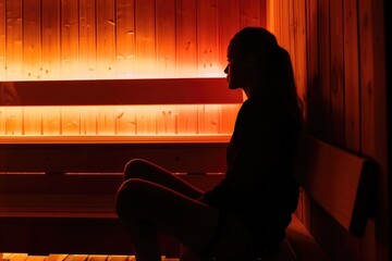 A woman sitting on a bench in an infrared sauna room.