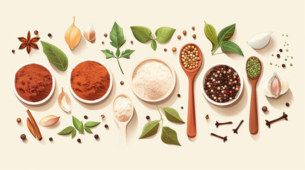 Abstract illustration of spices and seasonings on white background, vector art	
