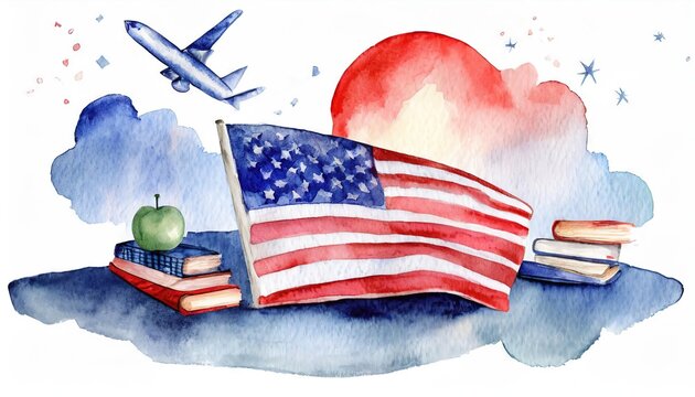 Watercolor Illustration of American Flag with Apple and Books Against Sunset Sky with Airplane