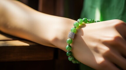A jade bead bracelet on the wrist of a beautiful woman
