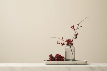A minimalist still life composition showcasing a symmetrical arrangement of pristine berries in a...