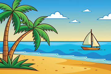 Fototapeta na wymiar Vector tropical beach landscape with sailboat and palm trees on the seashore summer vacation background