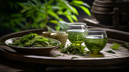 tea with mint,Longjing tea, bud tip, green tea, tender, leisurely afternoon, Sunshine, Zen concept