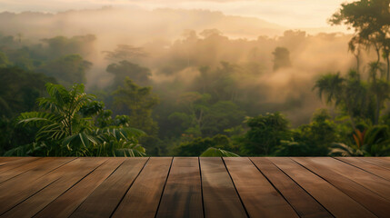 Wooden podium with jungle background with fog