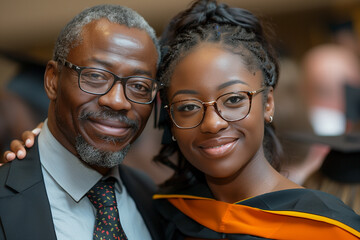 A father with daughter in academic cap and gown posing for a graduation picture