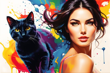 Colorful Painting of a Woman With Her Cat (PNG 9936x6624)