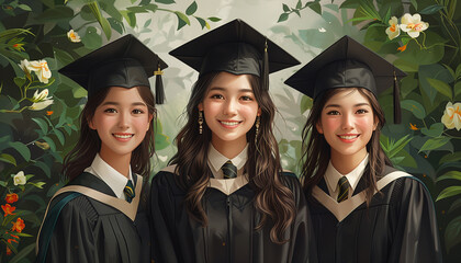 Fototapeta premium Three girls wearing graduation gowns at a ceremony