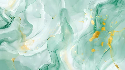 Fotobehang Abstract marbled ink liquid fluid watercolor painting texture banner illustration - Soft mint green petals, blossom flower flowers swirls gold painted lines, isolated on white background  © Pascal