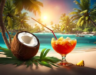 A coconut and a cocktail on the beach under palm trees