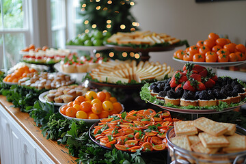 A buffet table brimming with a wide variety of dishes and snacks, ideal for a festive gathering