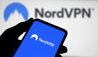 Dhaka, Bangladesh- 19 March 2024: NordVPN logo is displayed on smartphone.