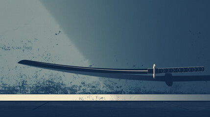A sword hangs on a blank wall