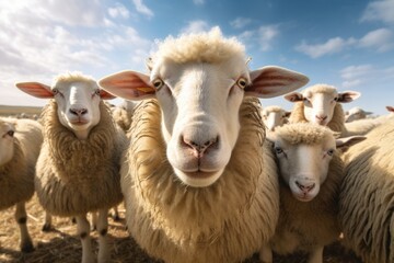 Close up fluffy sheeps at farm