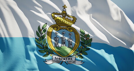 Close-up of the national flag of San Marino flutters in the wind on a sunny day