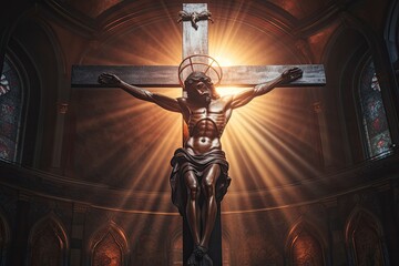 crucifix, jesus on the cross in church with ray of light from stained glass - generative ai - obrazy, fototapety, plakaty