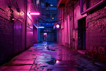A back alley with neon light at night - obrazy, fototapety, plakaty