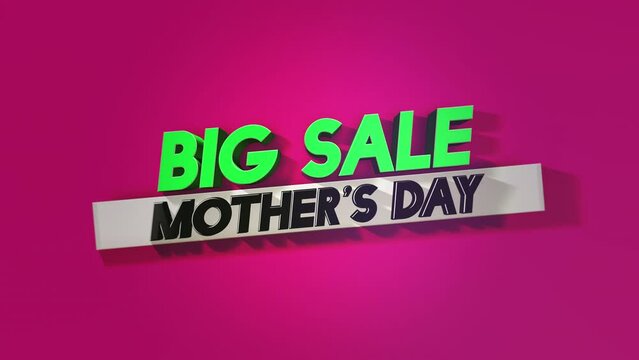 A vibrant 3D image showcasing a big sale for Mothers Day. Bold green letters on a pink backdrop create an eye-catching banner. Dont miss out!