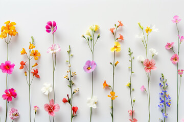 Colorful and beautiful flowers isolated in minimalist copy space white background, abstract flowers wallpaper concept, Beautiful flowers with empty space for text, top view of colorful spring flowers