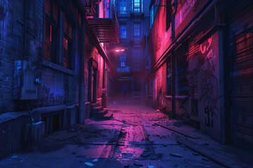 Fototapeta na wymiar A back alley with neon light at night