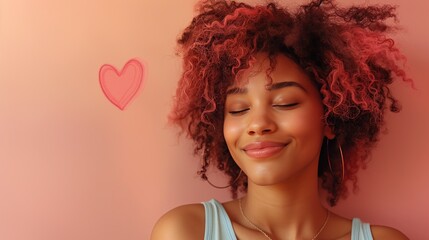 A young woman in love with pink curls, feels new love and harmony, positivity and a surge of energy, new romance. Background with hearts - obrazy, fototapety, plakaty