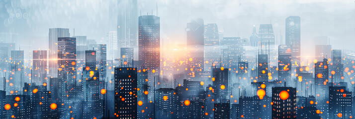 Modern City and Business Concept, Skyscraper Technology in Urban Skyline, Abstract Digital Network and Communication