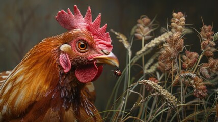 Fototapeta premium a hen's natural behavior, as it pecks at insects in the lush grass, exhibiting intricate details and vivid realism reminiscent of advanced DSLR photography.