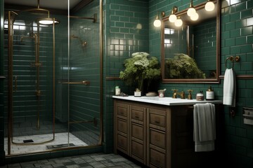 Green Tiled Bathroom With Sink and Shower