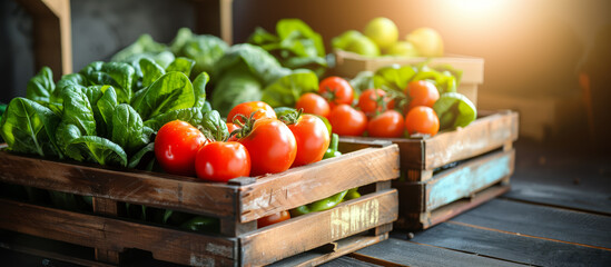 Display of fresh vegetables including lush green lettuce, ripe red tomatoes, and green apples, all neatly arranged in rustic wooden crates