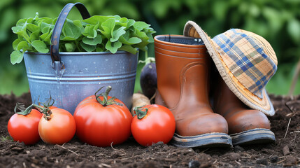 Freshly picked tomatoes lay on the soil, a pail full of green plants, a pair of gardening boots, and a straw hat