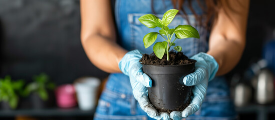 Woman in blue gloves, tenderly holding a potted green plant with vibrant leaves.