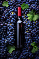 Bottle of red wine elegantly placed amidst a sea of luscious dark grapes, accentuated by the vibrant green grape leaves.