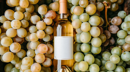 Bottle of white wine elegantly placed amidst lush, ripe grapes. The golden hue of the wine complements the varying shades of green and yellow grapes