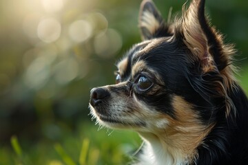 Close-up of side head of chihuahua in park looking attentive. Horizontal composition.