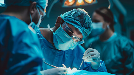A team of surgeons, medical assistants, and health care providers are performing a medical procedure on an organism in the operating theater, using scrubs and medical equipment
