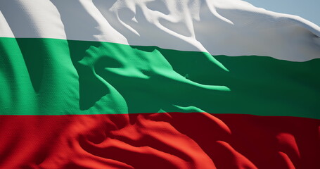 Close-up of the national flag of the republic of Bulgaria flutters in the wind on a sunny day