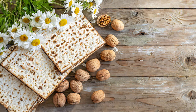 Matzah and walnut on Table, Jewish Passover Celebration Concept. Copy space banner