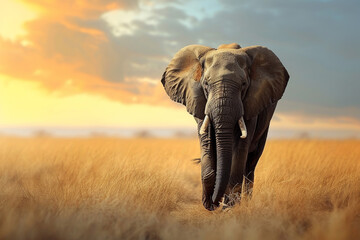 Elephant walks in savannah. Wild animal in grass