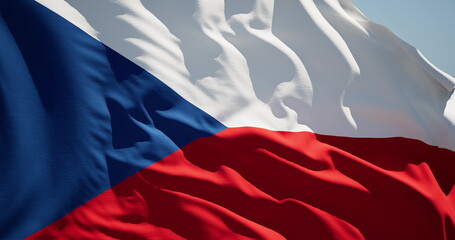 Close-up of the national flag of the Czech republic flutters in the wind on a sunny day