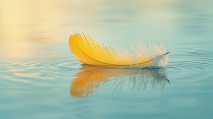 A yellow feather floating on top of a body of water.