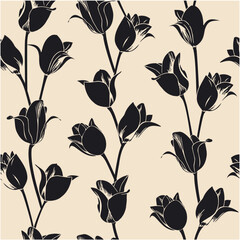 Monochrome abstract seamless pattern. Black and white botanical illustration. Hand stylized silhouettes of tulips. Vector illustration.