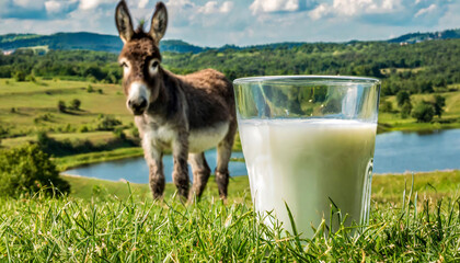 A Glass of Milk and Donkey in Meadow on background. Rural Farm Life and Livestock Concept. Donkey...
