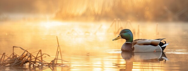 a misty morning sunrise, showcasing a duck leisurely swimming among reeds on a pond in a close-up shot, with the soft glow of the sun casting warm hues and a hazy shoreline in the backdrop.