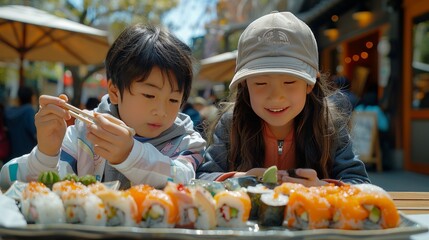 Two Children Eating Sushi