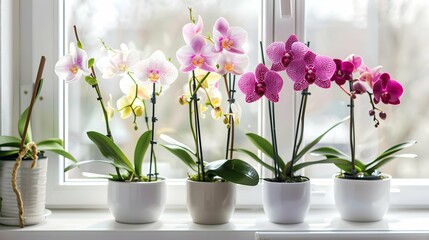 Obraz na płótnie Canvas Beautiful colorful orchid flower in pots on windowsill